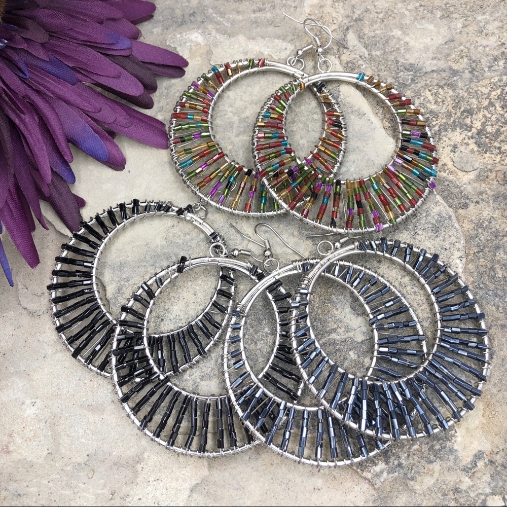 🌼 Bead Wrapped Hoop Drop Dangle Earrings